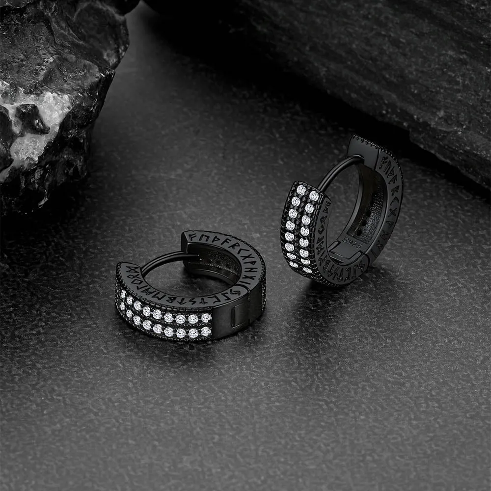 Sterling Silver Cubic Zircon Huggie Hoop Earrings with Viking Runes for Men