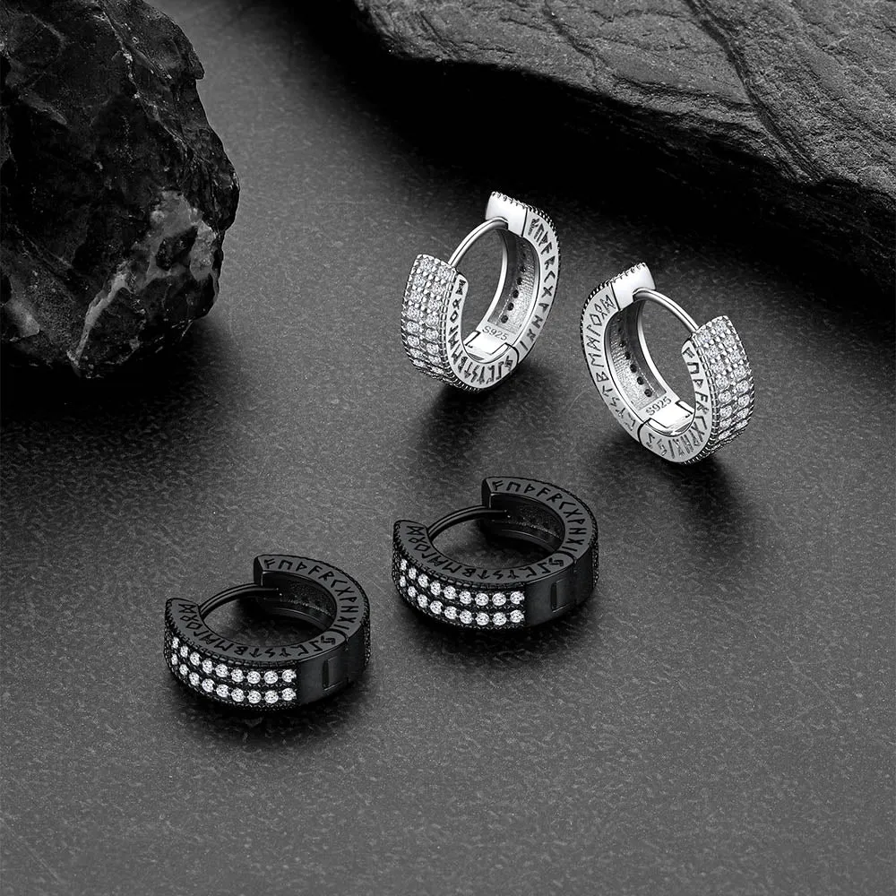 Sterling Silver Cubic Zircon Huggie Hoop Earrings with Viking Runes for Men