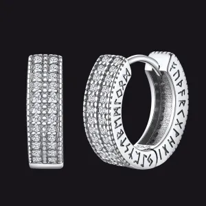 Sterling Silver Cubic Zircon Huggie Hoop Earrings with Viking Runes for Men