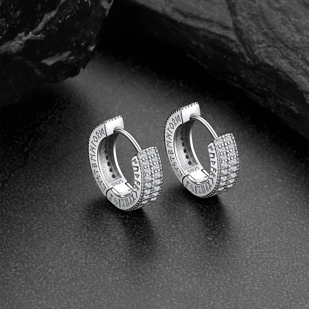 Sterling Silver Cubic Zircon Huggie Hoop Earrings with Viking Runes for Men