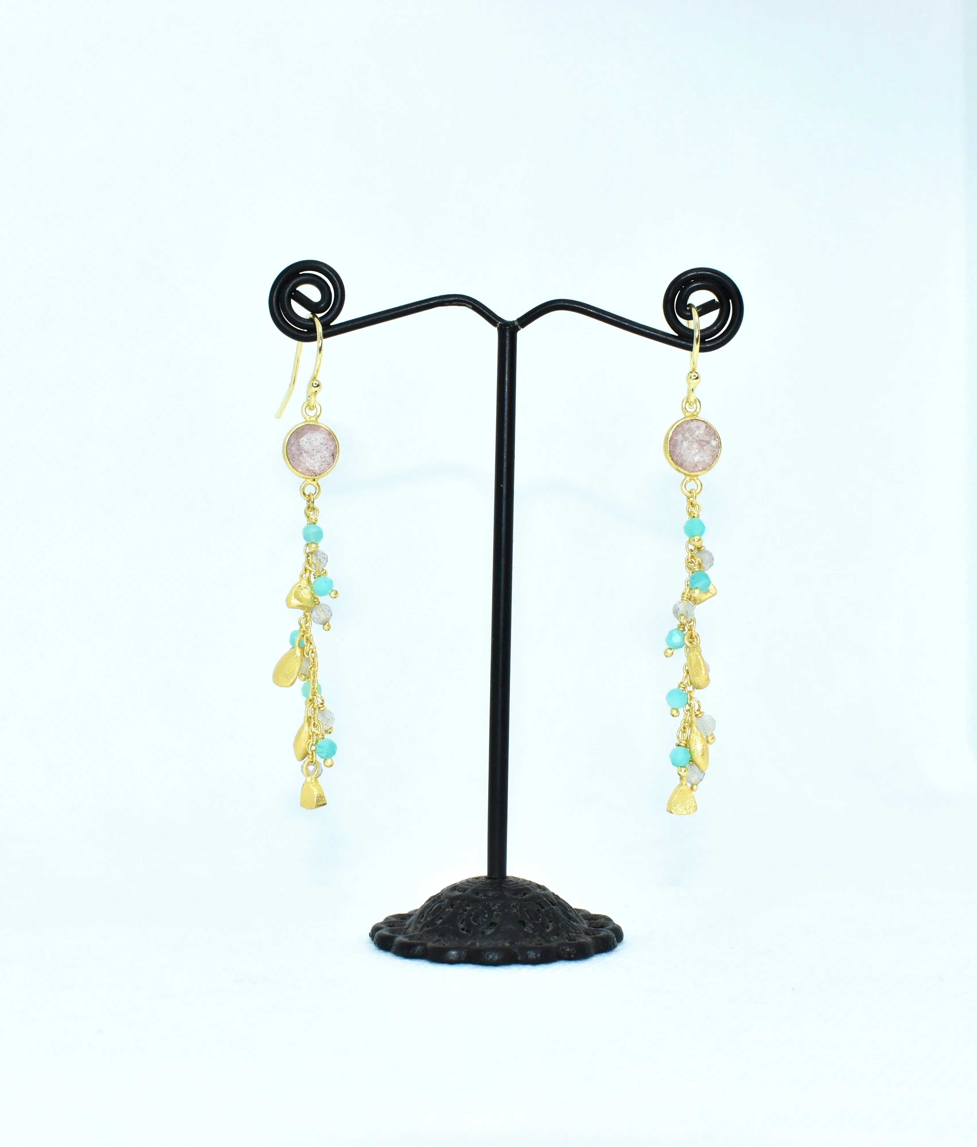 Strawberry Quartz, Chalcedony & Moonstone Drop Earrings