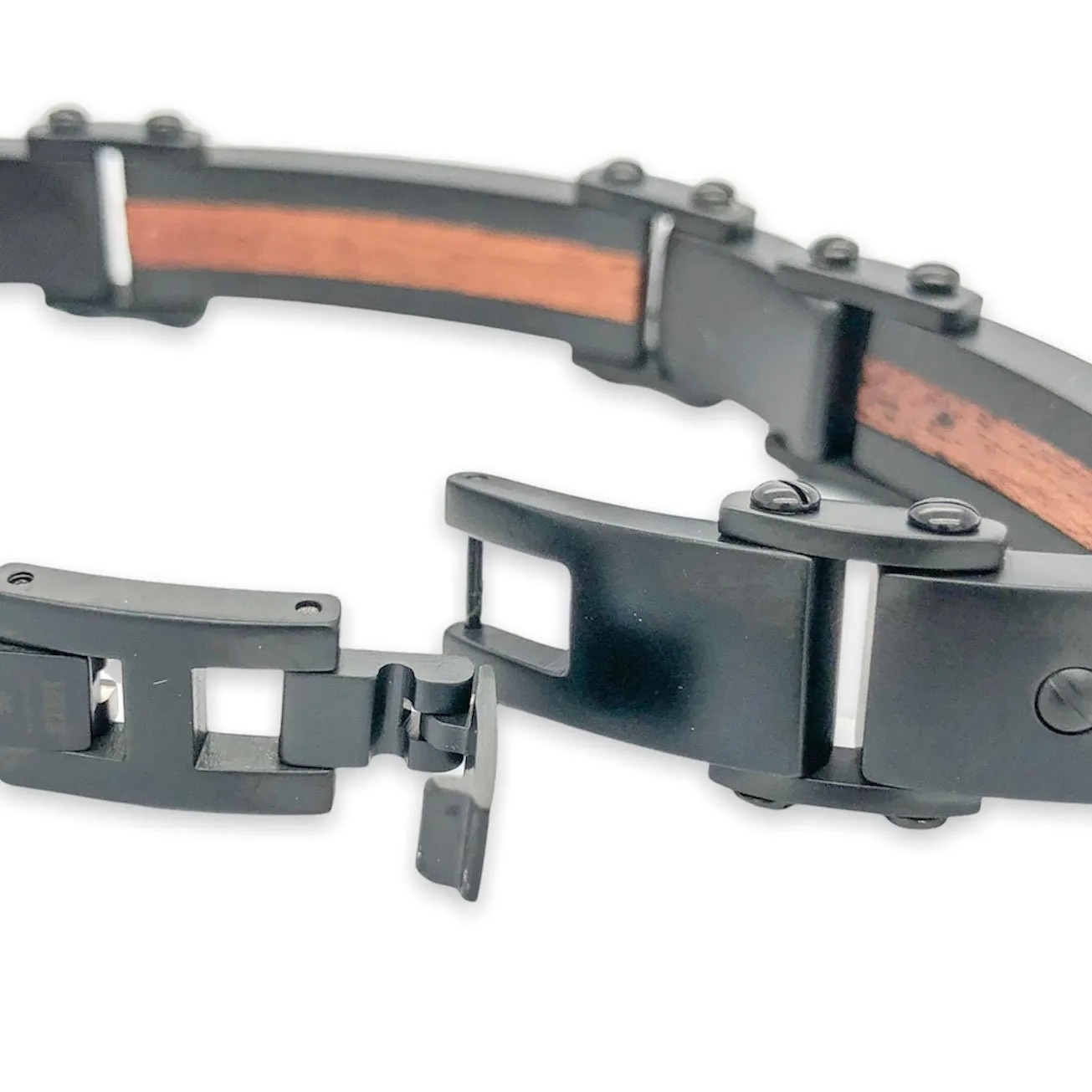 STST Matte Black Wood Inlay Men’s Link Bracelet