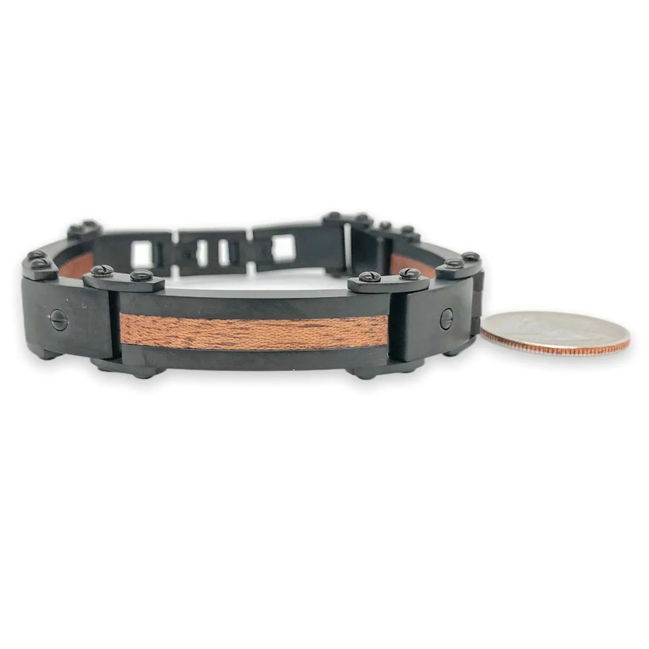 STST Matte Black Wood Inlay Men’s Link Bracelet