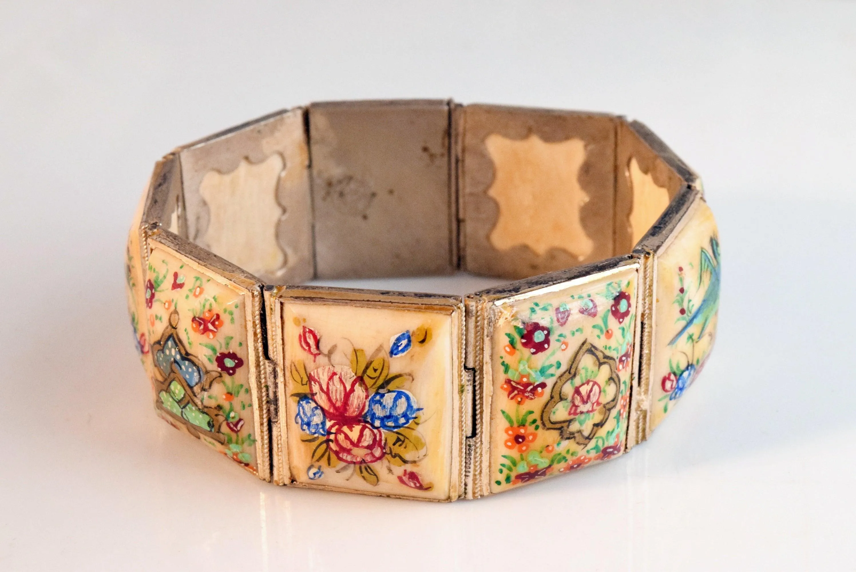 Vintage Hand Painted Bone Panel Bracelet
