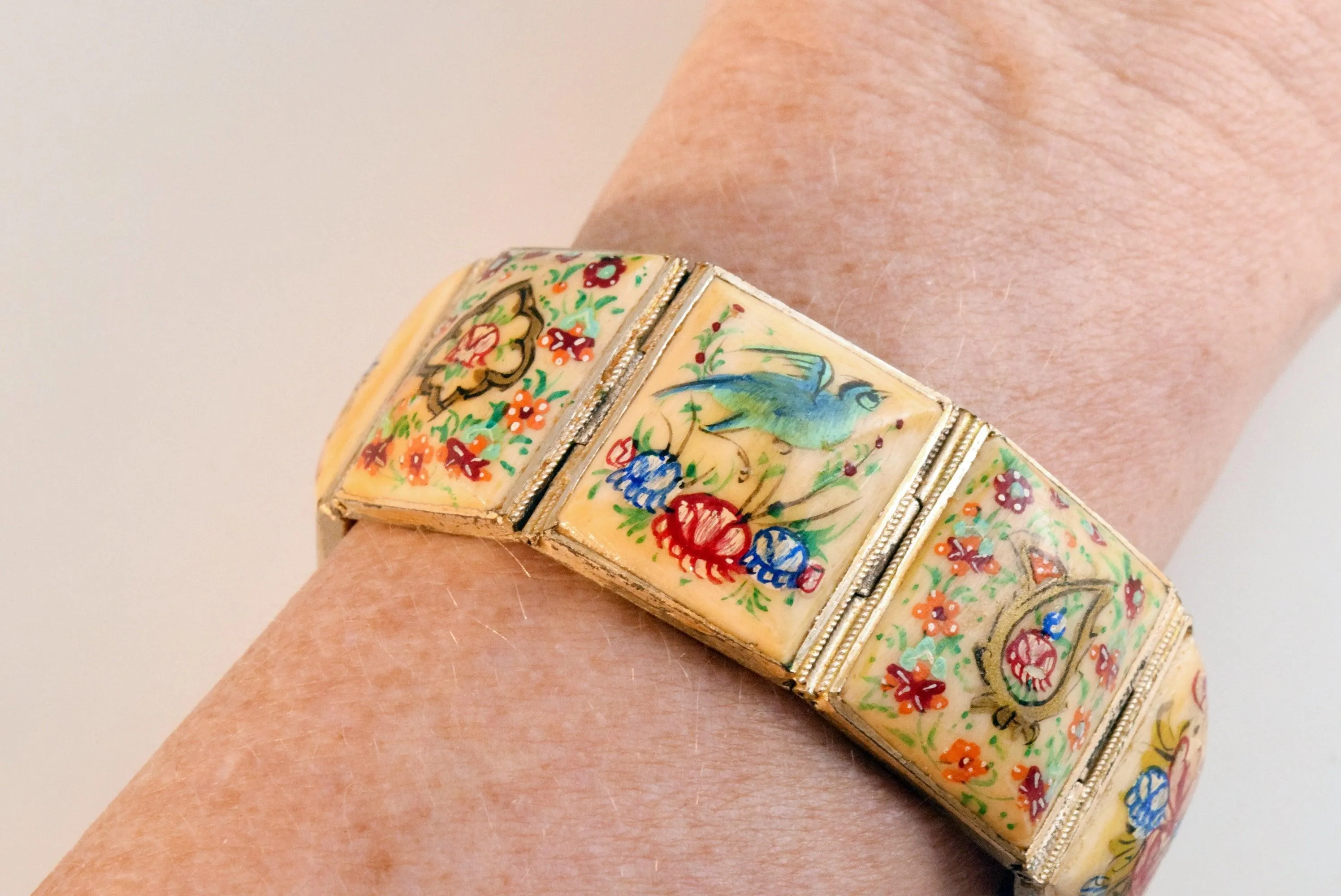 Vintage Hand Painted Bone Panel Bracelet