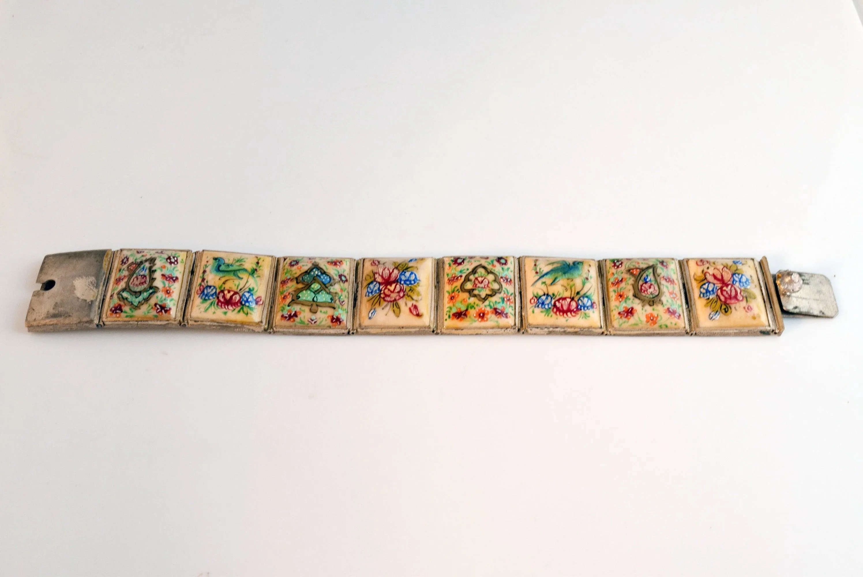 Vintage Hand Painted Bone Panel Bracelet