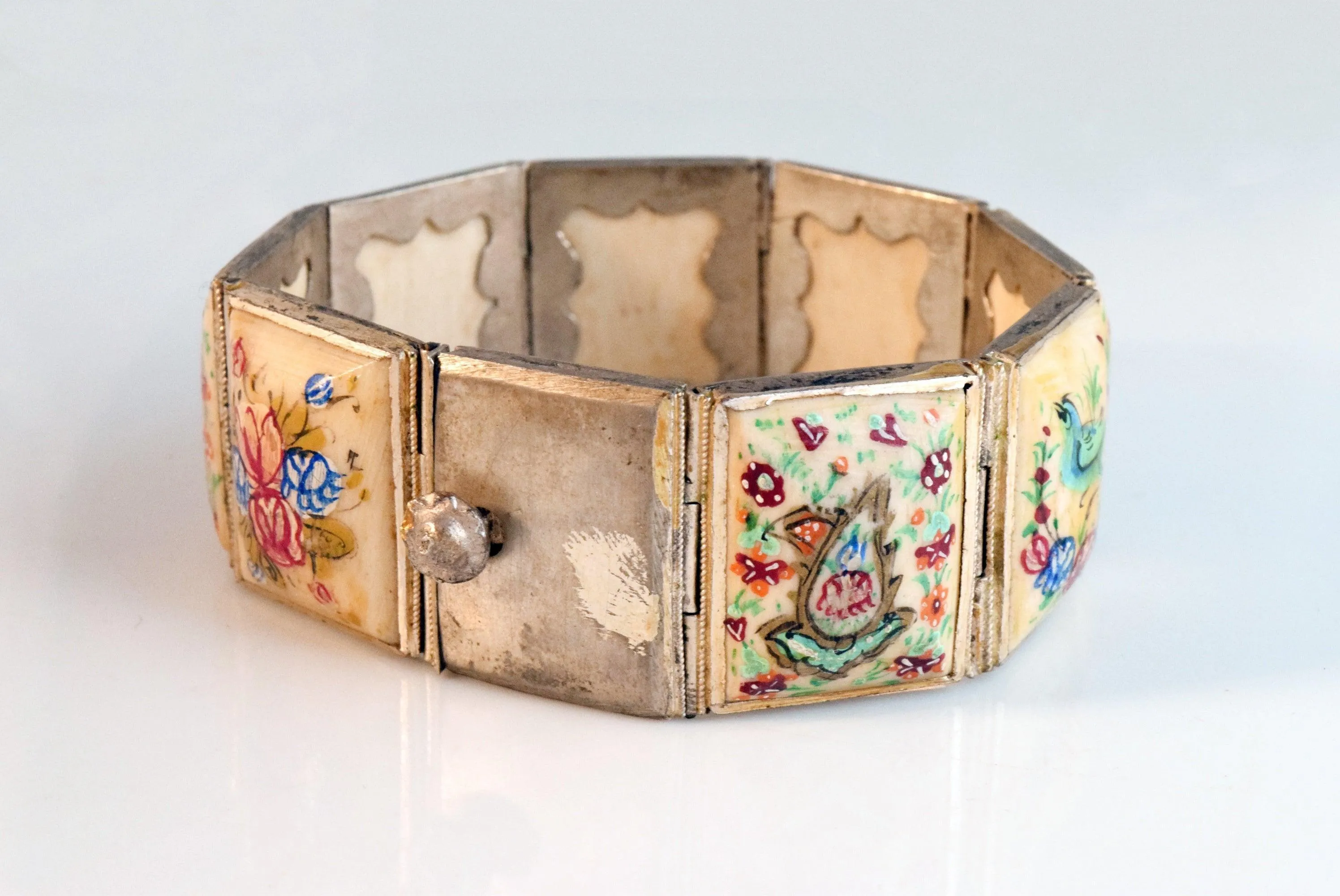 Vintage Hand Painted Bone Panel Bracelet