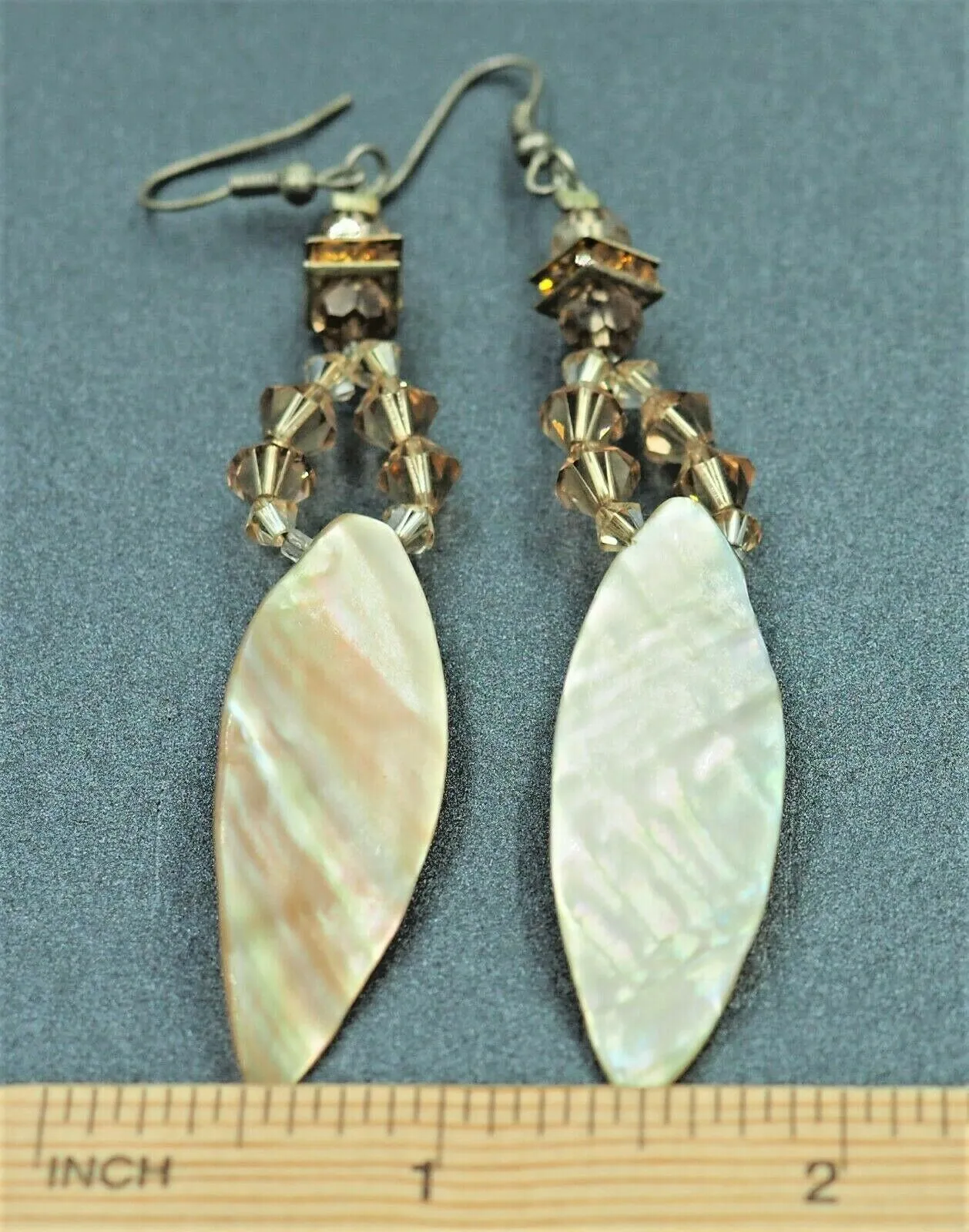 VINTAGE HANDMADE Mother Of Pearl & Crystal Drop Earrings Silver Toned Hook