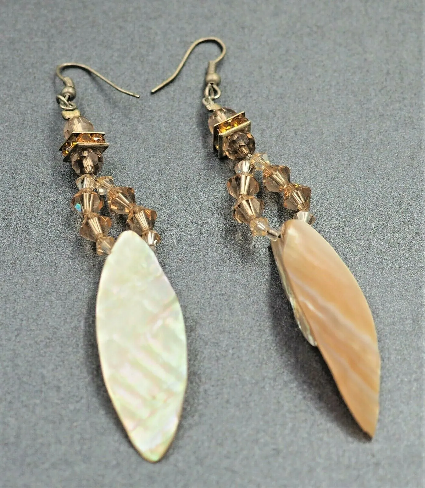 VINTAGE HANDMADE Mother Of Pearl & Crystal Drop Earrings Silver Toned Hook