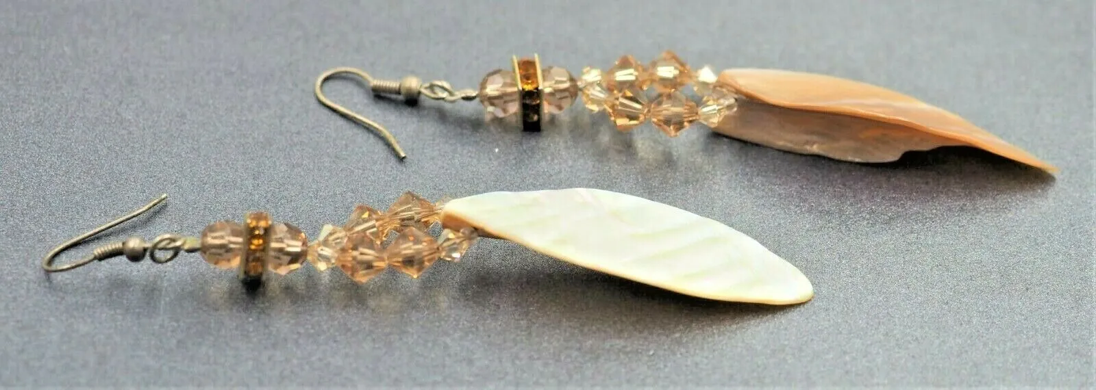 VINTAGE HANDMADE Mother Of Pearl & Crystal Drop Earrings Silver Toned Hook