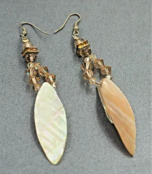 VINTAGE HANDMADE Mother Of Pearl & Crystal Drop Earrings Silver Toned Hook