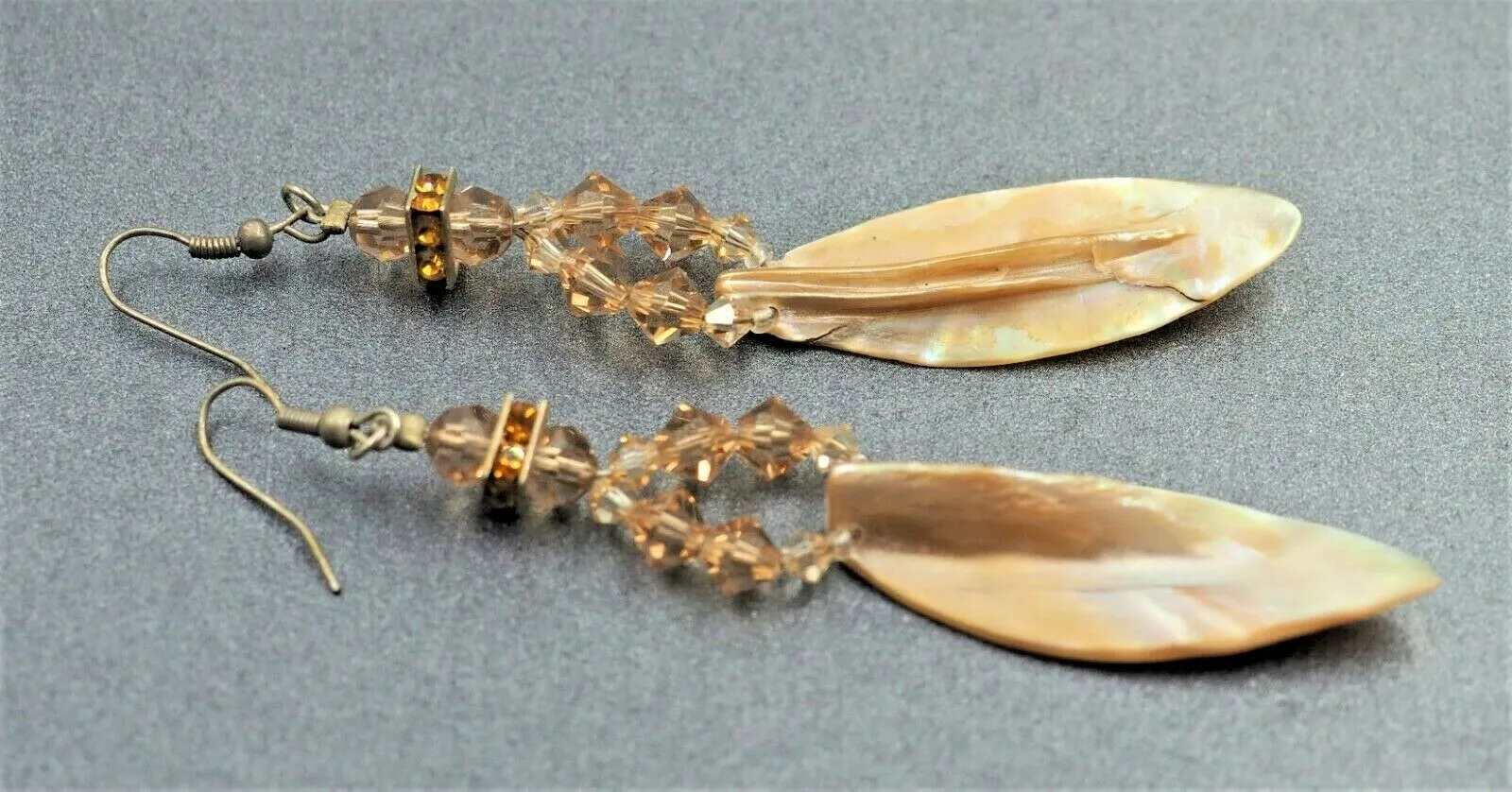 VINTAGE HANDMADE Mother Of Pearl & Crystal Drop Earrings Silver Toned Hook