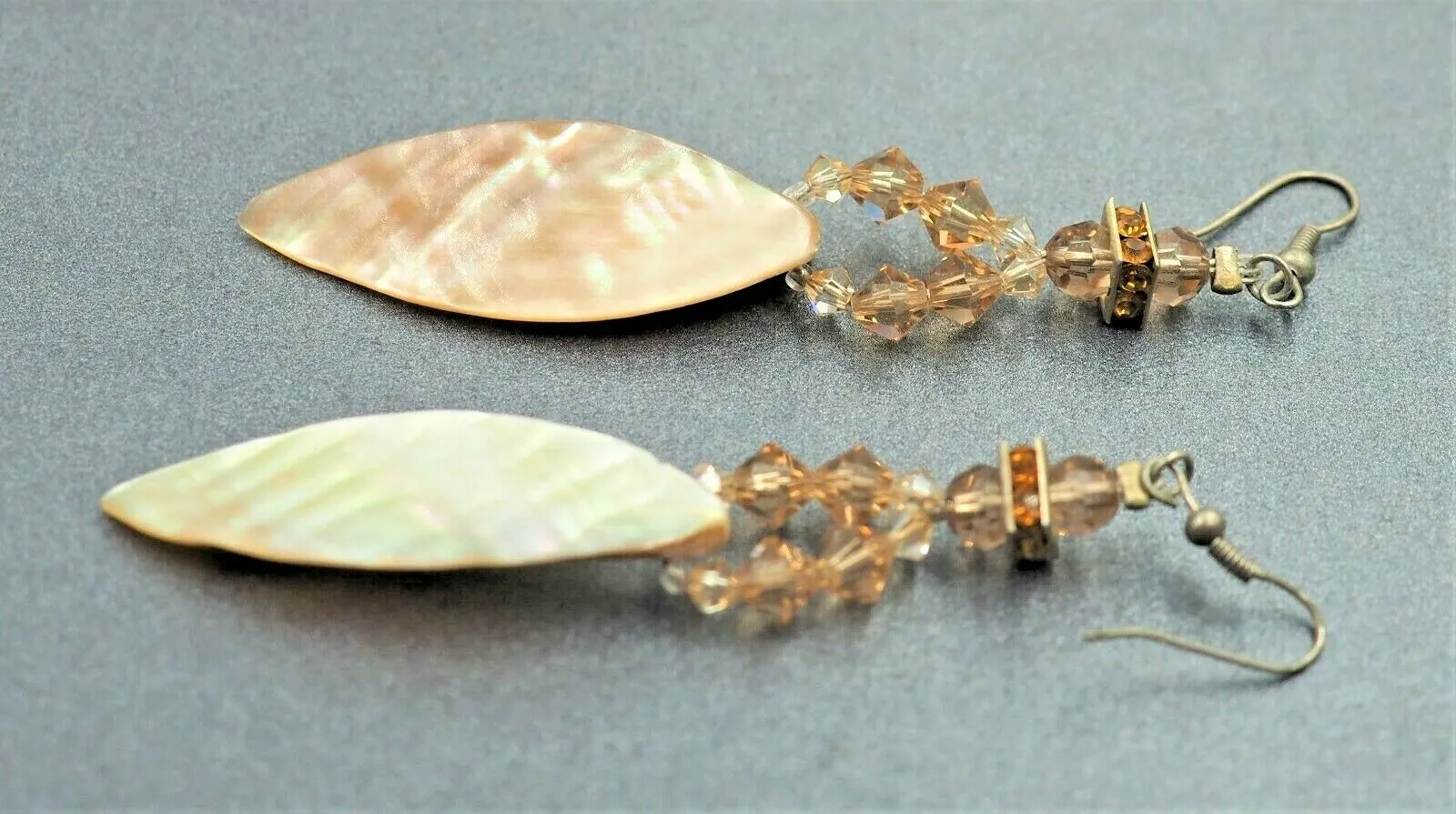 VINTAGE HANDMADE Mother Of Pearl & Crystal Drop Earrings Silver Toned Hook