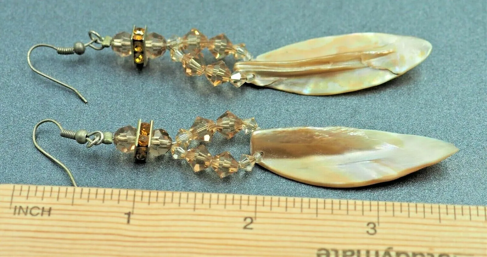 VINTAGE HANDMADE Mother Of Pearl & Crystal Drop Earrings Silver Toned Hook