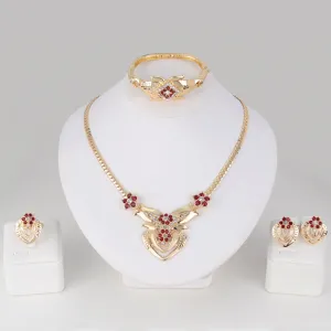 Women's Wedding Flower Rhinestone Ring Earrings Necklace Bracelet Jewelry Set