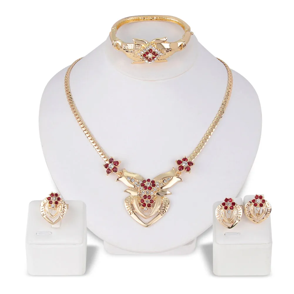 Women's Wedding Flower Rhinestone Ring Earrings Necklace Bracelet Jewelry Set