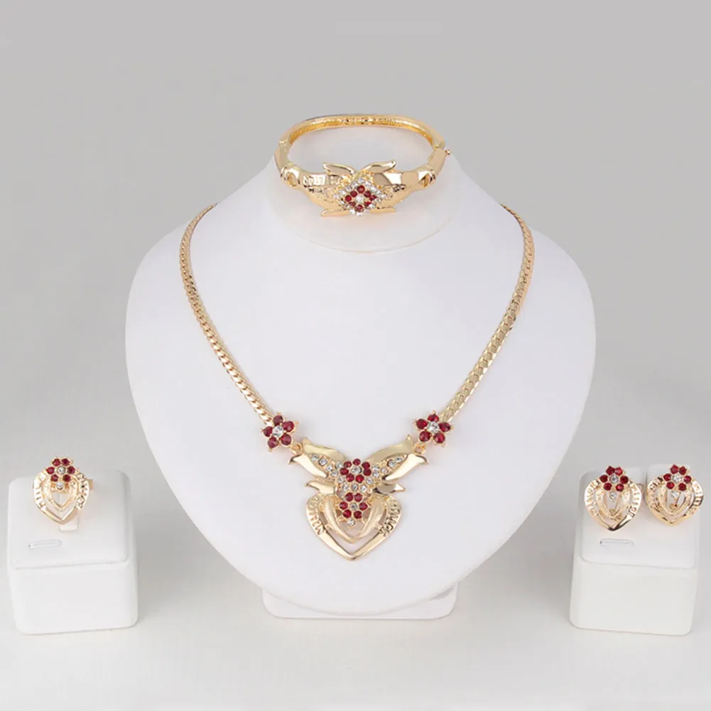 Women's Wedding Flower Rhinestone Ring Earrings Necklace Bracelet Jewelry Set