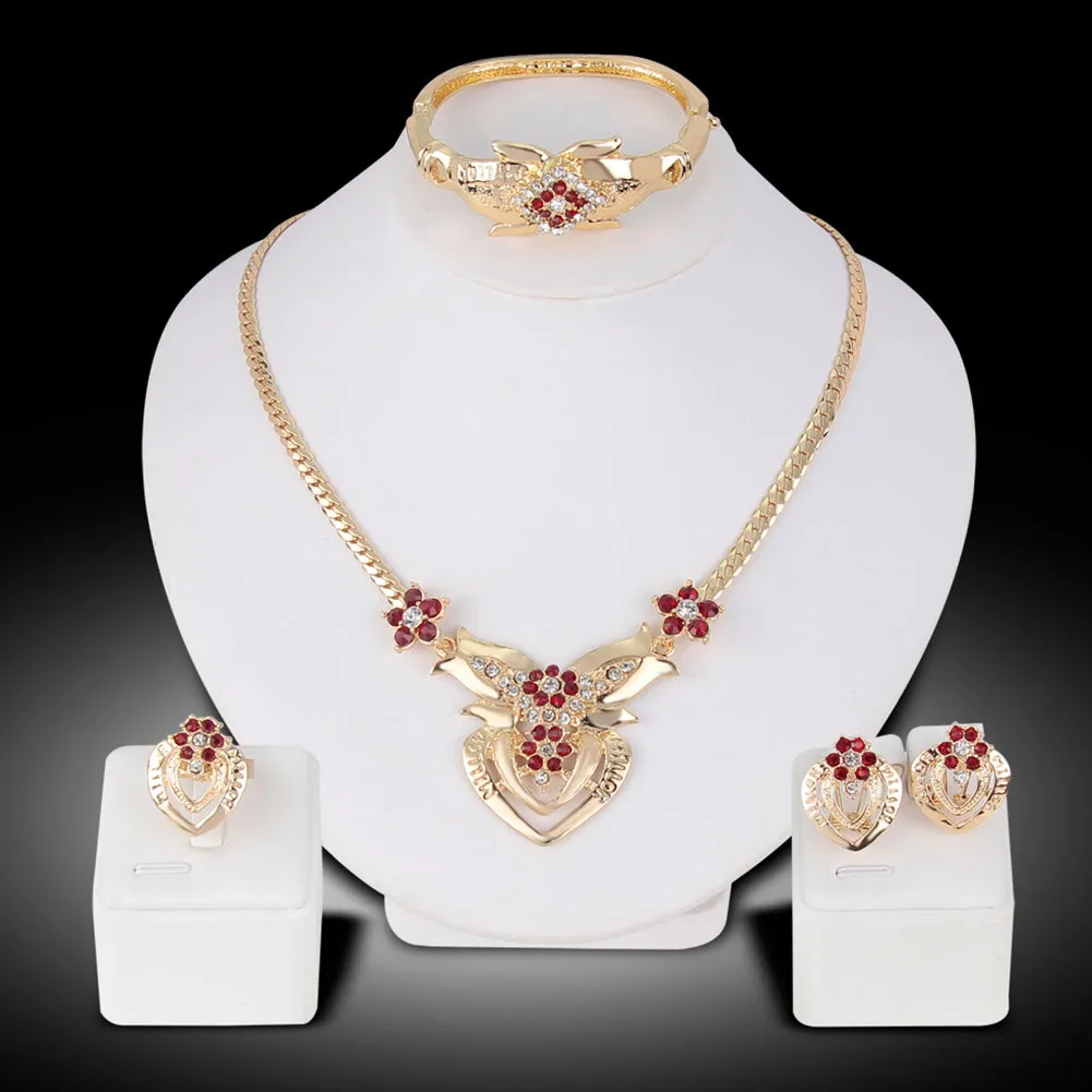 Women's Wedding Flower Rhinestone Ring Earrings Necklace Bracelet Jewelry Set