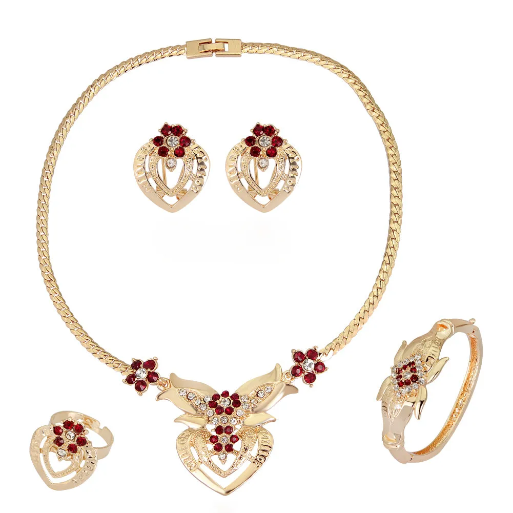 Women's Wedding Flower Rhinestone Ring Earrings Necklace Bracelet Jewelry Set